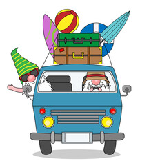 Gnomes in car going on vacation to the beach. Isolated vector