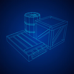 Supplies cargo concept. Pile boxes and barrels. Wireframe low poly mesh vector illustration.