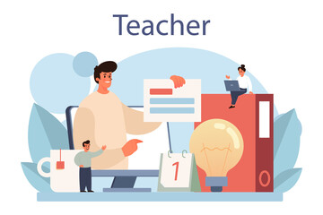 Teacher concept. Profesor standing in front of the blackboard.