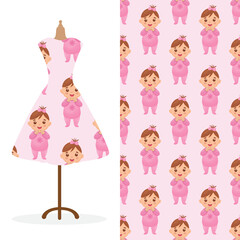 Womens long dress mock up with bright seamless hand drawn pattern for textile, paper print. 