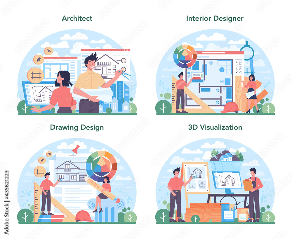 Poster architecture concept set. idea of building project and construction work