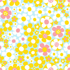 Seamless vector pattern with white, pink and yellow flowers on the light blue background. Modern fabric pattern with tiny flowers. Summer floral pattern in bright colors.