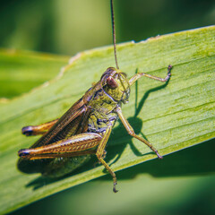 Agricultural pest Grasshopper or locust sitting on grass