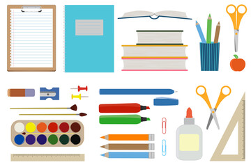 Set with school supplies. Back to school icons. Stationery, flat illustration. School objects in cartoon style. School symbols, vector design elements - copybook, books, pens, paints, colorful drawing