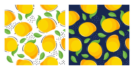 Vector set of seamless patterns. Pattern of mango, leaves and dots. White and dark blue background.