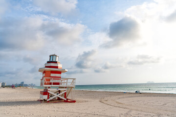Lifeguard tower at Miami beach in Florida, USA. Red and white lighthouse design lifeguard tower