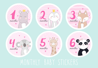 Set of stickers for a newborn girl from 1 to 6 months. Stickers with pictures of cute animals: hippo, bunny, fox, koala, giraffe, panda. Set in pink.