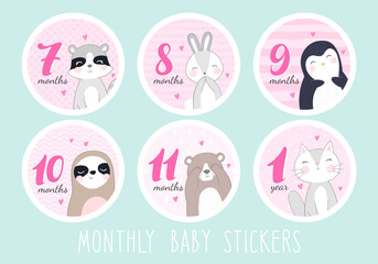 Set of stickers for a newborn girl from 7 to 1 year. Stickers with pictures of cute animals: racoon, bunny, penguin, sloth, bear, cat. Set in pink.