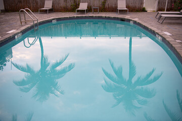 Palm trees reflected in pool water with sunbeds in villa at tropical resort of Miami in Florida, USA