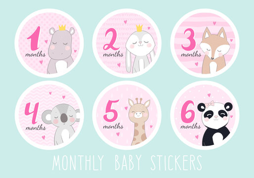 Set of stickers for a newborn girl from 1 to 6 months. Stickers with pictures of cute animals: hippo, bunny, fox, koala, giraffe, panda. Set in pink.