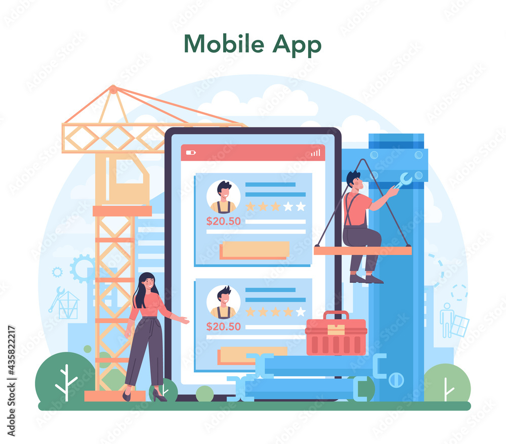 Poster installer online service or platform. worker in uniform installing