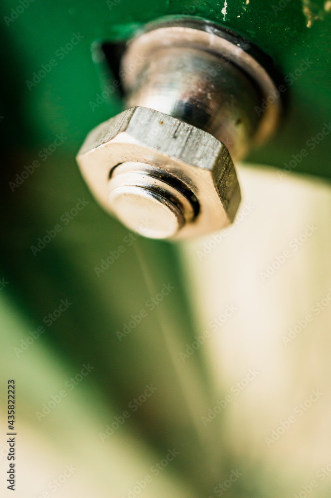 Wall mural Macro shot of a hex bolt on a green, metal surface