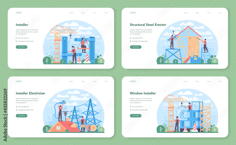Aufkleber installer web banner or landing page set. worker in uniform installing
