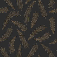 Tropical fern leaves gold outline drawing seamless pattern. Black background. Jungle foliage line art texture. Stock vector illustration. © akini