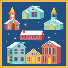 Obraz na płótnie Canvas Colorful cartoon xmas night village houses set