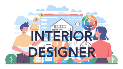 Fototapeta na wymiar Interior designer typographic header. Decorator planning the design