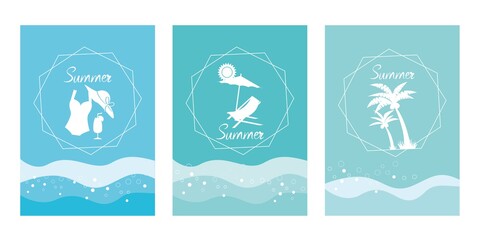 Set of Summer Vacation concept vector template. Summer beach, Sea, Marin, Coconut tree, swim wear. Blue ocean and  Waves, Card, invitation, frame, template. Vector illustration.