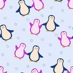Seamless Pattern Two cute penguin boy and girl hold hands, vector illustration of a cartoon sea animal.