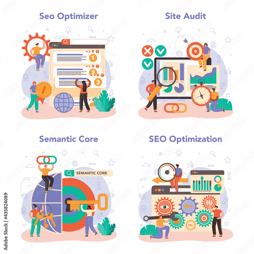 Poster seo specialist concept set. idea of search engine optimization for website