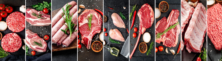 Set of different raw meat on a stone background. Photo collage, banner concept for butcher shop	