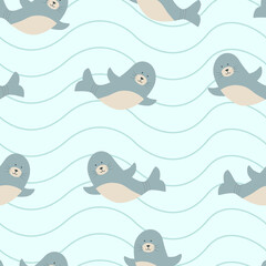 Seamless Pattern Cute cartoon set character, vector illustration of a sea animal on a sea background with waves.