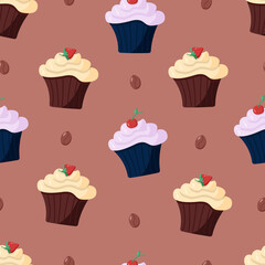 Seamless pattern with chocolate cupcakes with cream and berries. Vector illustration of a sweet dessert.