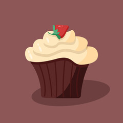 Vector illustration of a sweet dessert cupcake with cream and strawberries.
