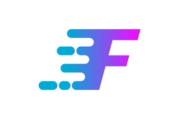 Letter F logo symbolizing speed. Initial F fast motion effect. Blue and purple gradient icon. Dynamic moving design element. Quick moving symbol. Fast delivery sign. Vector illustration, flat,clip art