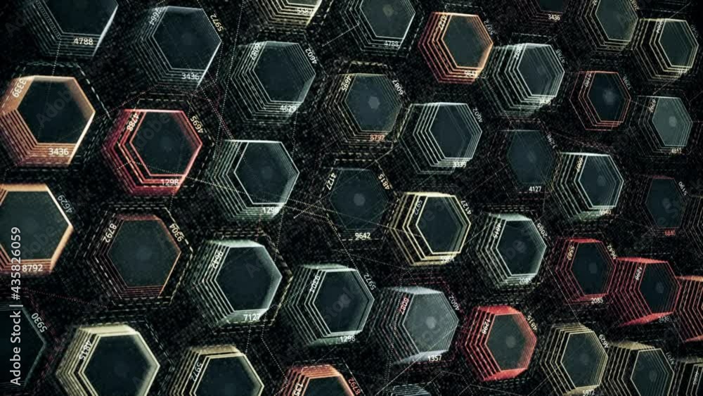 Aufkleber abstract visualization of data processing on hexagons and dark background, seamless loop. animation.
