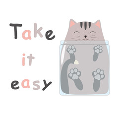 A cat sleeping in a jam jar. Suitable for use as a print. Vector illustration.