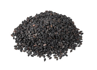 pile of black sesame seeds closeup on white