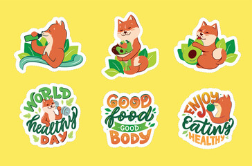Hand-drawn collection of funny dogs with lettering phrases. The set of stickers for a healthy day.