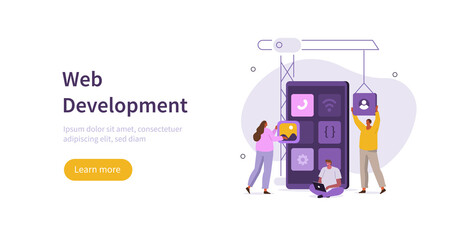 People characters developing new mobile app. Developers team programming and coding code and mobile user interface. Development process concept. Flat cartoon vector illustration.