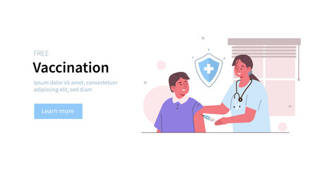 Doctor holding syringe and making vaccine injection to patient.  Prevention against virus and infection. Immunization campaign concept. Flat cartoon vector illustration.

