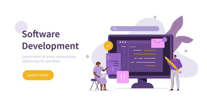 People characters developing new software. Developers team programming and writing program code together. Development process concept. Flat cartoon vector illustration.