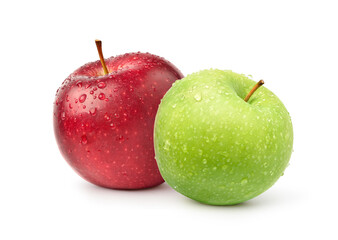 Fresh red and green apple fruits with water droplets isolated on white background.