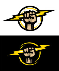 Hand holds lightning, logo on dark and light background. Vector illustration.