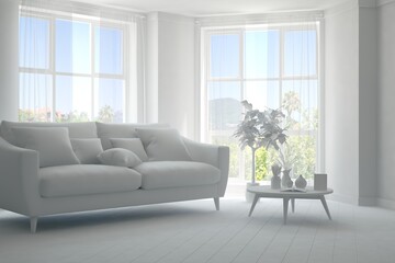 Mock up of stylish room in white color with sofa and green landscape in window. Scandinavian interior design. 3D illustration