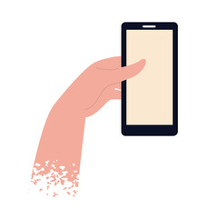 Human hand is holding the mobile phone. Vector hand-drawn illustration. A social network design element. A cartoon image with space for text. All elements are isolated.