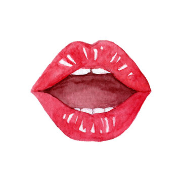 Open mouth with red lipstisk hand drawn watercolor clip art on white background