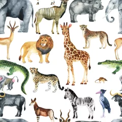 Tapeten Wild animals (giraffe, elephant, cheetah, antelope) in savannah.  Watercolor Zoo seamless pattern.  © Kat_branch_art