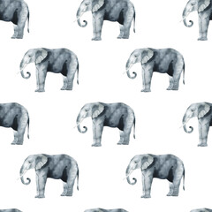 Wild animals in the savannah.  Watercolor Zoo seamless pattern.  Elephant