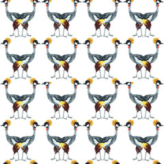 Wild animals in savannah.  Watercolor Zoo seamless pattern.  Crane
