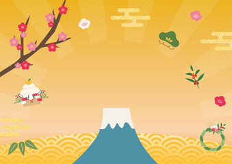 Fototapeta premium 背景 日の出と富士山 黄 イラスト素材 黄色