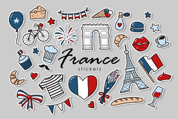 set of of France stickers. French doodles isolated on grey background. Good for prints, icons, logos, posters, cards, etc. Bastille day theme. 