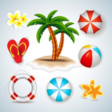 Summer Objects Icons Set Realistic, Equipment, umbrela, beach ball, palm, buoy, starfish, flower, Tool, Swimming, Sea, Vacations, Holiday logo design
