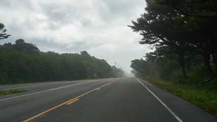 Morning foggy view of the empty Oregon Coast Highway near Waldport.