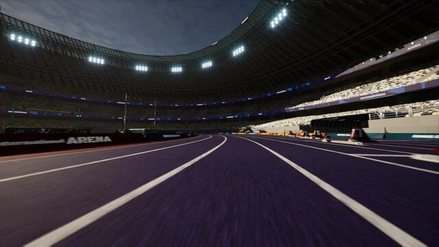 Sport outdoor athletics arena with start blocks on the runway. Stadium in the sunlight. High quality 4k footage