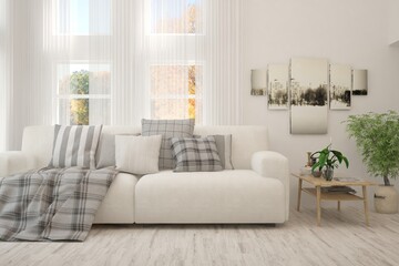 Stylish room in white color with sofa and autumn landscape in window. Scandinavian interior design. 3D illustration