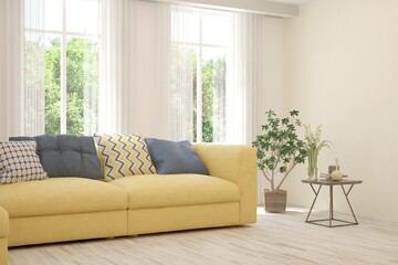 White living room with sofa and summer landscape in window. Scandinavian interior design. 3D illustration